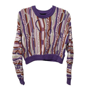 Forever 21 3D Knit Coogi Style Sweater Pink Purple Crop Grandpa Biggie Bold 90 S
